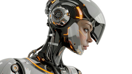Fototapeta premium Futuristic robot woman with helmet showing artificial intelligence on transparent background