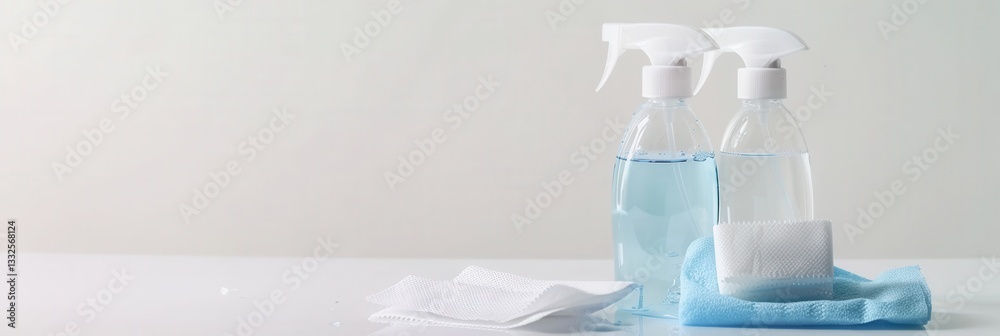 Poster disinfectant bottles with wipes on a clean background highlighting cleanliness and safety for medica