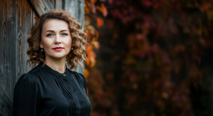 Fototapeta premium Caucasian adult female in black blouse with curly hair against autumnal backdrop