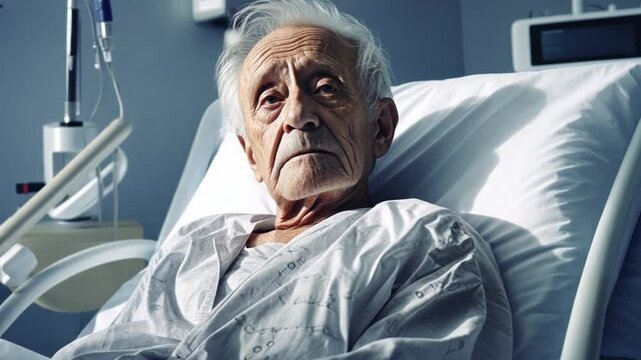 &Auml;lterer Mann liegt im Krankenhausbett mit nachdenklichem Blick
