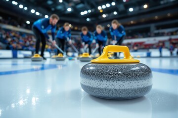 Close-up of curling stone on ice with players in action in background.