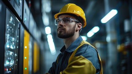 Focused Industrial Worker Inspecting Control Panel