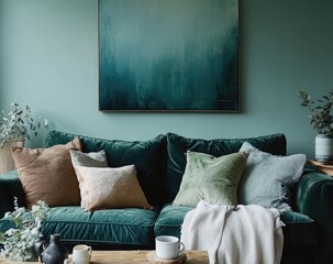 A teal painting on canvas hangs above the sofa in an elegant living room, the artwork adding depth and character to the space with its modern style and neutral tones