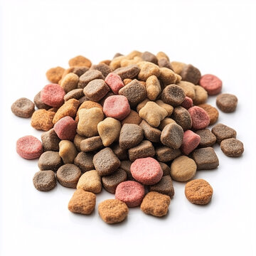 Pile of Multicolored Dry Cat or Dog Food on White Background
