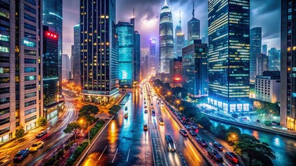 Obraz premium Vibrant City Nightscape: Illuminated Skyline & City Lights Background