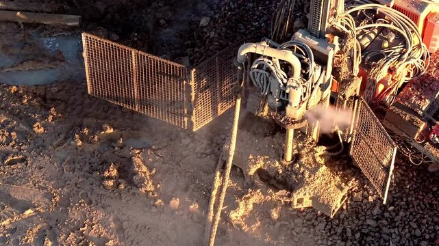 Ground drilling process involving heavy machinery piling rig emitting steam and splashes of mud while rotating and moving up and down