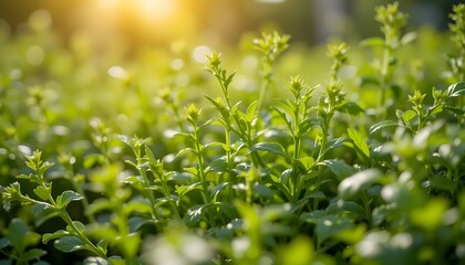 Fototapeta premium Lush Greenery Basking In The Warm Golden Sunlight Of A Vibrant Spring Morning, Showcasing Natures Gentle Awakening