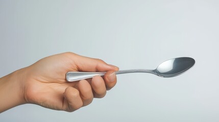 Close up of a Hand Holding a Wet Silver Spoon Against a Gray Background