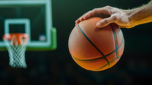 Close Up of Hand Holding Basketball with Blurred Hoop Background