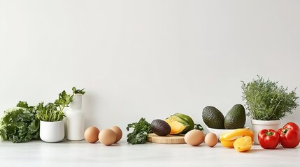 A minimalist photograph of healthy food items like avocados, eggs, and vegetables on a table with a white background, featuring natural light