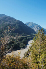 The Fraser River running through the Fraser Canyon during a summer season in Fraser Valley, British Columbia, Canada