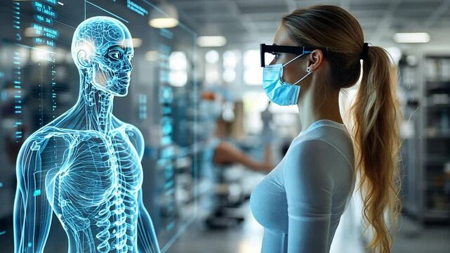 Woman in glasses analyzes holographic anatomical diagram in a modern medical facility