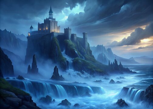 A Mystical Coastal Castle Shrouded In Twilight Mist, Cascading Waterfalls Embracing Its Rocky Cliffs, A Scene Of Serene Fantasy Under A Dramatic Sky
