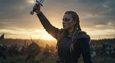 A powerful Viking woman celebrating victory on the battlefield