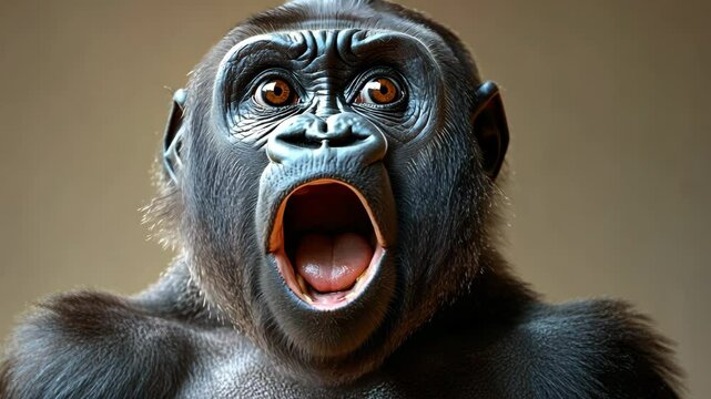 A gorilla with an open mouth expressing shock or surprise.