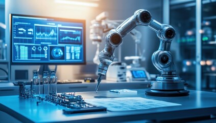 Robotic arm precision assembly lab, circuit board, futuristic tech