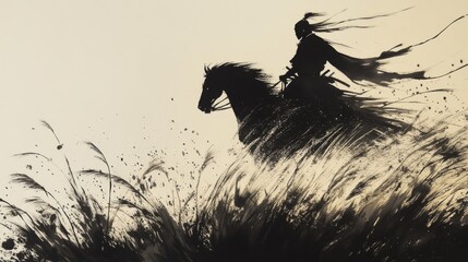 Silhouette ink painting of warrior with horse in tall grass field on a light background