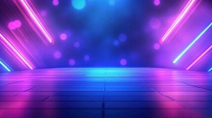 A futuristic neon background with glowing blue and purple lights on an empty dark floor, creating an atmosphere of energy and technology for digital design or video.