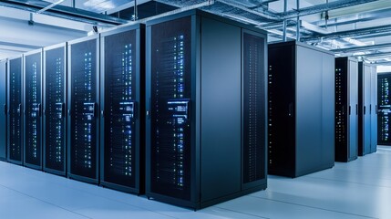 Modern data center filled with operational server racks supporting cloud computing and artificial intelligence solutions