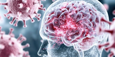 Concept of chaos depicted through a brain with red veins and pink particles creating a sense of disorder and infection