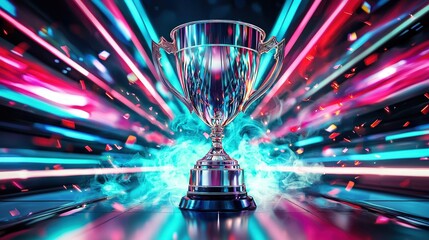 Silver trophy displayed in sleek futuristic corridor with glowing led walls and swirling smoke effects