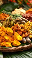 Vibrant Turmeric, Spices, and Herbs Collection on a Tropical Leaf