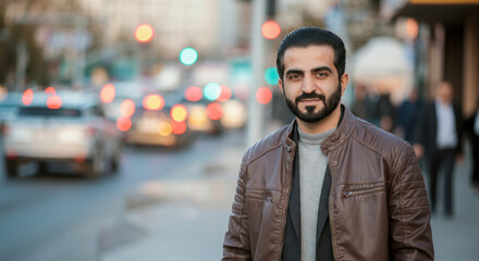 Naklejka premium Young caucasian male in brown jacket on busy city street with bokeh lights
