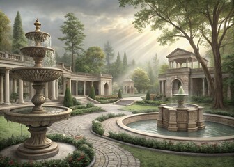 Serene Classical Gardens Bathed In Sunlight, Featuring Elegant Fountains And Tranquil Architecture, Showcasing A Peaceful Oasis Of Beauty