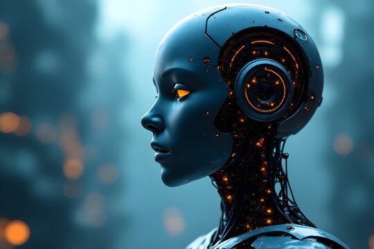 Human head with brain. AI robot head with smart computer chip and brain. Artificial intelligence concept. Digital technology. AI mind and brain. Data information science.