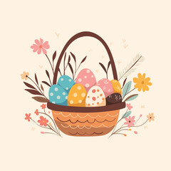 easter basket with eggs and flowers
