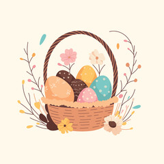 easter basket with eggs and flowers