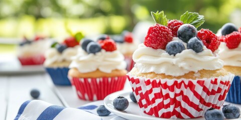 patriotic desserts, a lively patriotic dessert such as a berry flag cake or red, white, and blue cupcakes showcased on a blurry family picnic table