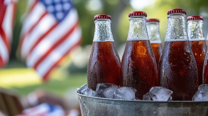 backyard bbq refreshments, close-up of ice-cold sodas in glass bottles, served in a rustic metal bucket filled with ice, set against a backyard barbecue and us flags