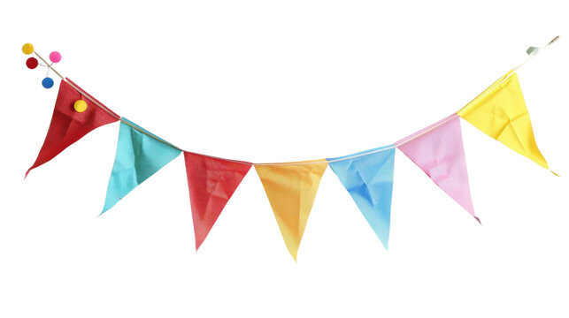 Colorful party flags hanging on transparent background