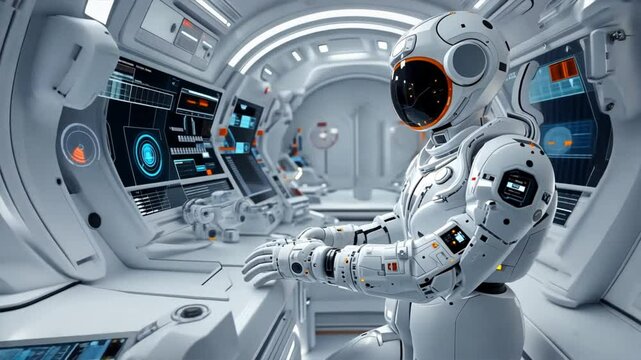 Astronaut in Futuristic Cockpit: A lone astronaut, clad in a pristine spacesuit, navigates the controls within the sleek, high-tech interior of a spacecraft, a symbol of human exploration