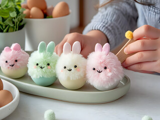 child gluing small pom poms onto Easter eggs to create cute bunny decorations