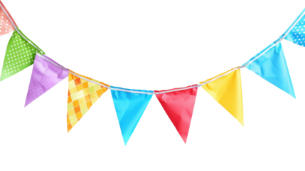 Colorful party flags hanging on transparent background