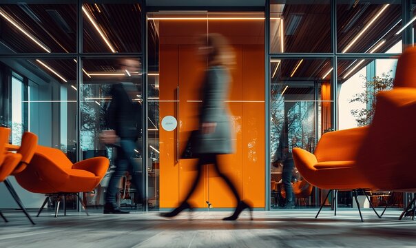 Group of office employees navigating a modern coworking space in motion blur during a typical workday