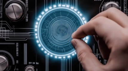 A hand interacts with a glowing biometric fingerprint scanner