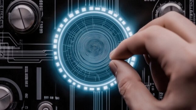 A hand interacts with a glowing biometric fingerprint scanner