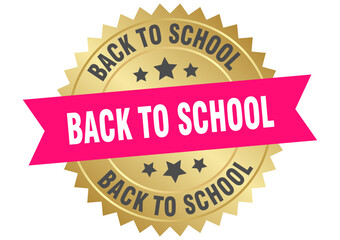 Obraz premium back to school. back to school round pink and gold label isolated on transparent background