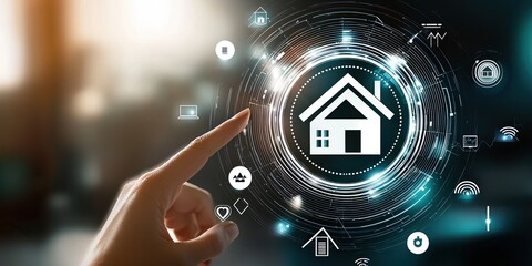 Hand interacts with futuristic digital interface for smart home automation control