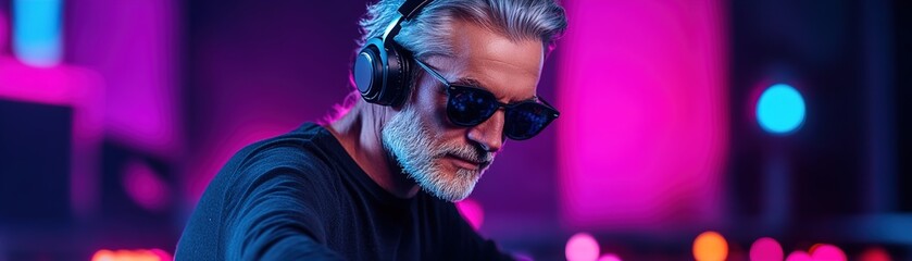 In a lively nightclub, a senior DJ with gray hair and stylish sunglasses skillfully adjusts the turntables, creating an electrifying atmosphere for the audience