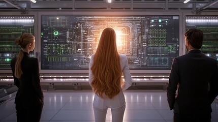 Business people observe a large futuristic interactive screen displaying complex data visualizations in a modern high-tech server room.