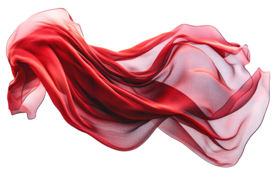 Elegant, flowing red silk fabric floats in air, dynamic movement, cut out transparent