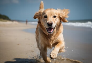golden retriever dog running on a beach