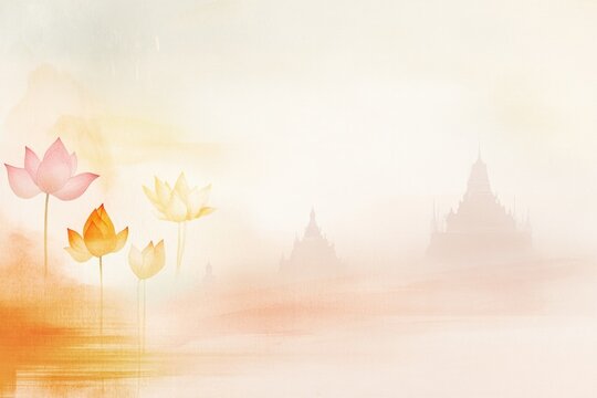 illustrate serene and colorful watercolor painting capturing essence of vesak day with gentle hues of saffron golden