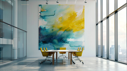 A stylish conference room with glass walls, minimalist furniture, and a vibrant piece of artwork as the focal point.