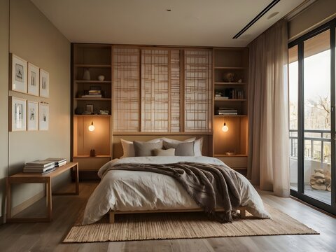 Cozy and Modern Bedroom with Neatly Made Bed, Stylish Shelving Unit, Elegant Folding Screen, and Neutral Tones with Soft Accent Colors