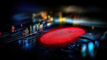A glowing red fingerprint presented on a technological circuit board